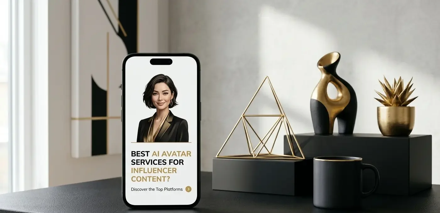 A smartphone on a modern desk displaying “Best AI Avatar Services for Influencer Content” with a female AI avatar, surrounded by minimal black and gold decorative objects and a coffee mug.